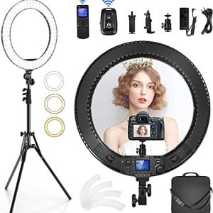 19 inch Ring Light Kit, 60W LED Ring Light with LCD Screen, Support 2.4G Remote and Multiple Lights Control, CRI>97, 3000K-5800K, Tripod Included for Makeup, YouTube Video, Barber, Tiktok Live